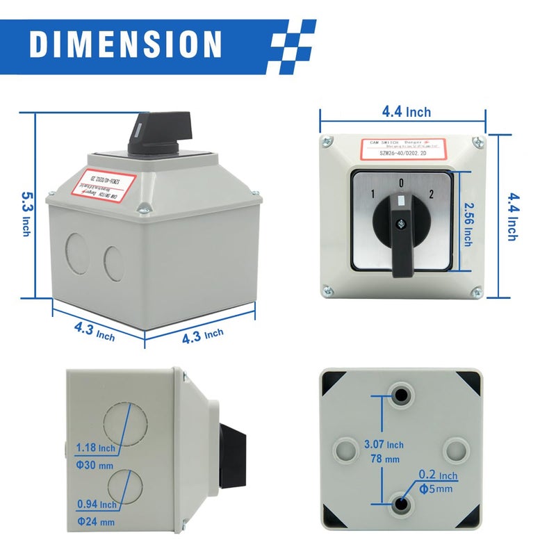 Keymoo 40A Rotary Changeover Switch with Box, 660V 3 Position 2 Phase 8 Terminals, 2-Way 2NO 2NC Universal Selector Switch with Yellow Fork Terminals IP65 CE 26-40/D202.2D - Image 3